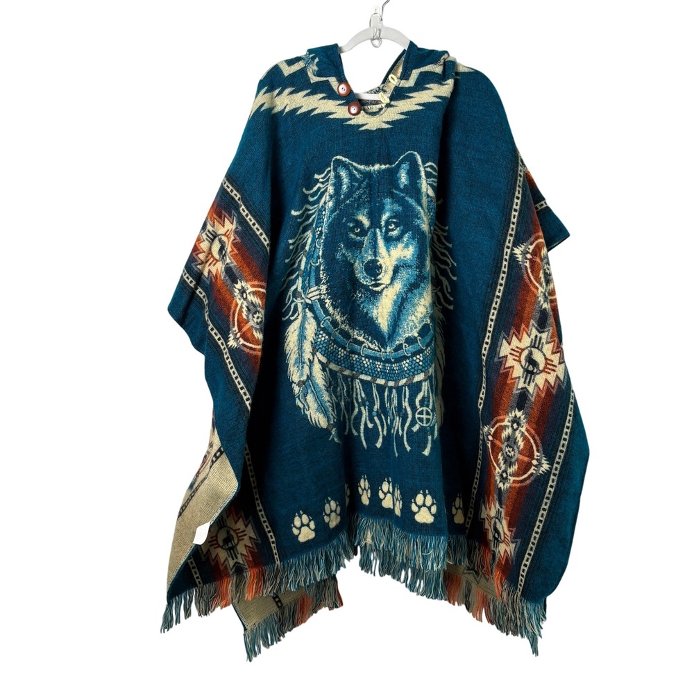 Native Arts‎ Poncho Unisex One Size Teal Wolf Wool Southwestern Hooded Fringe